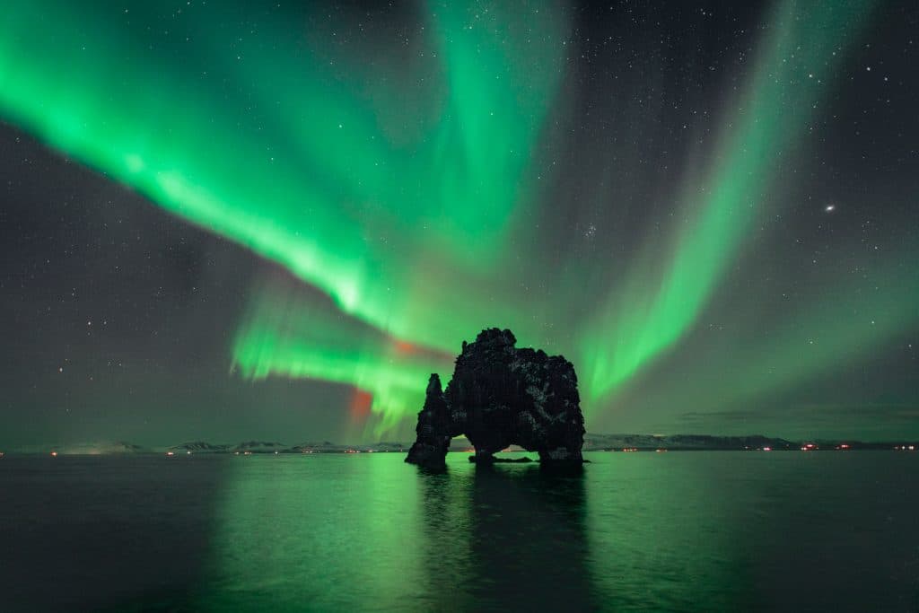 Northern Lights over Hvítserkur sea stack, Iceland